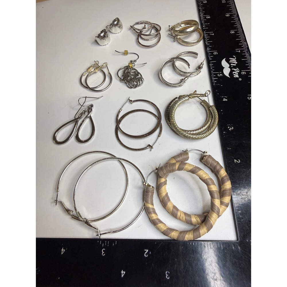 10 Pair Silver Tone Hoop and Dangle Earring Lot Textured Raffia Oversized Set